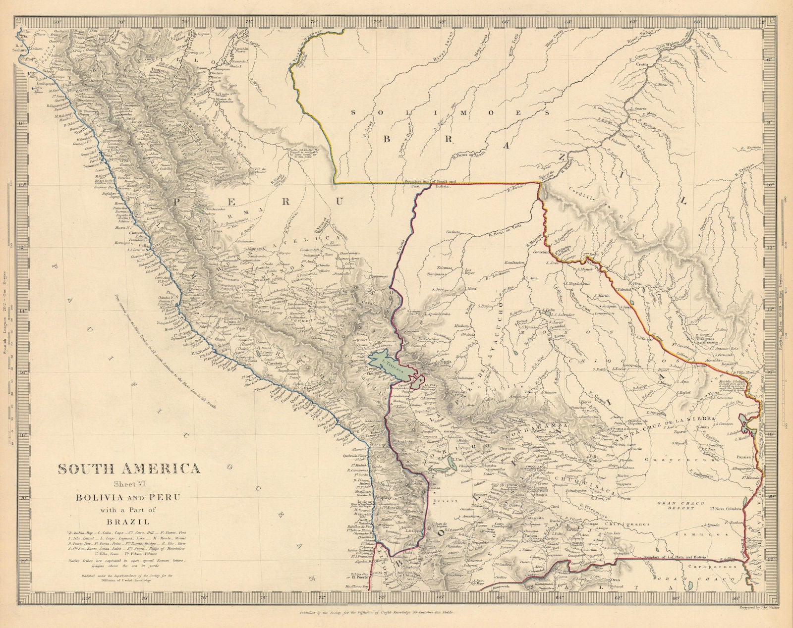 BOLIVIA, PERU & part of Brazil. Indian tribes. Bolivian Litoral. SDUK 1844 map